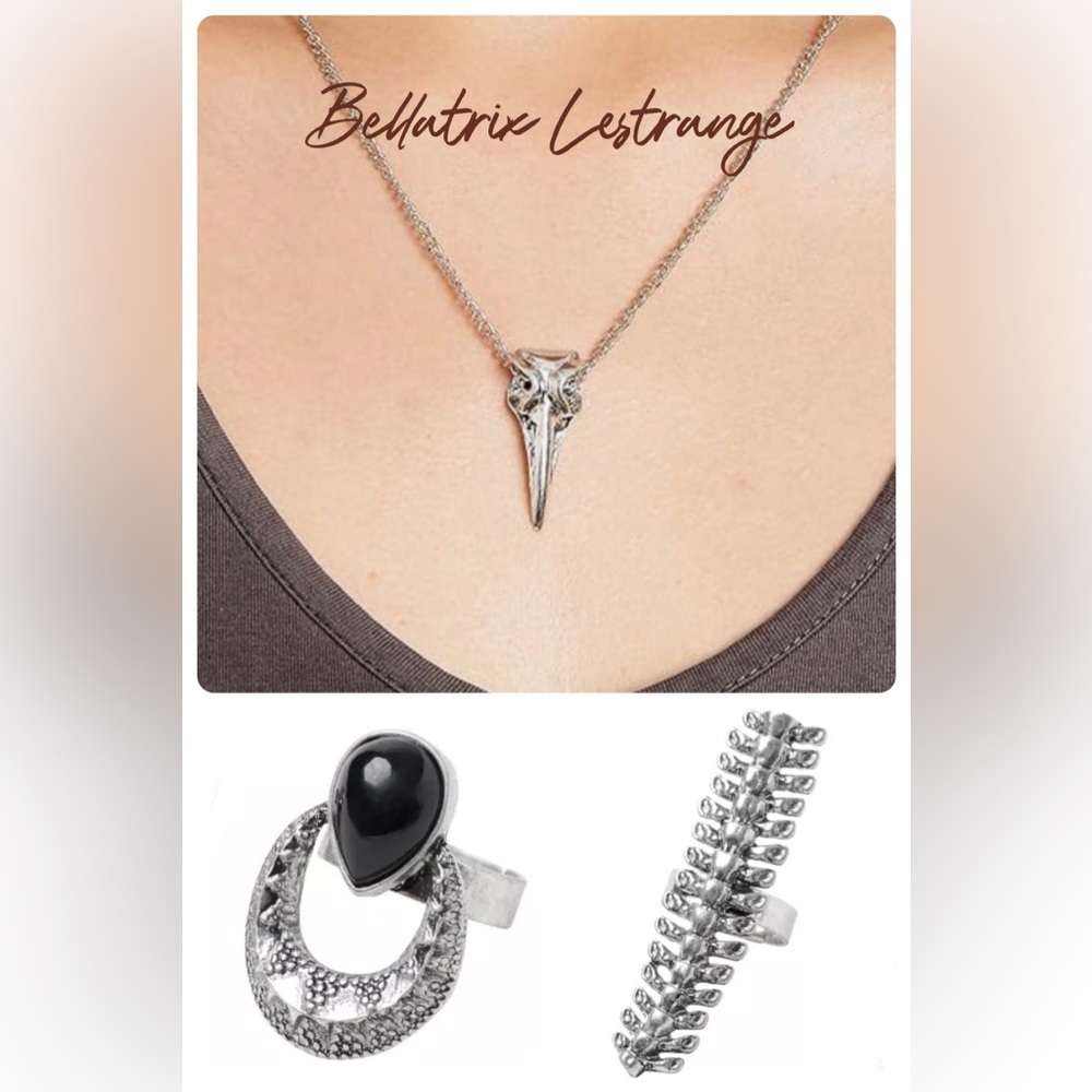 Silver Plated Bellatrix Lestrange Raven Bird Skull Necklace 2 rings Harry Potter
